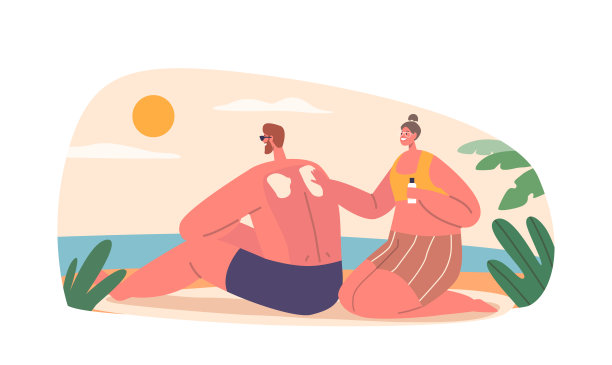 女人轻轻地在男人背上按摩防晒霜，享受海滩上的宁静时刻。年轻情侣角色图片下载