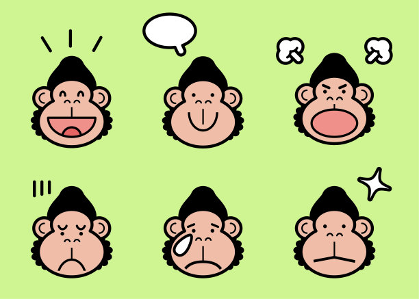 可爱的大猩猩图标集与六个面部表情的颜色柔和色调图片下载