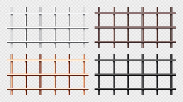 各种闪亮的金属监狱栏杆收集。逼真细致的监狱笼子，监狱铁栅栏。犯罪背景模型。矢量图图片下载