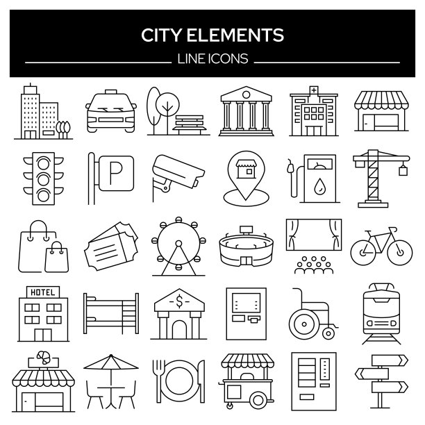 城市元素相关线条图标的集合。轮廓符号集合，可编辑的描边图片下载