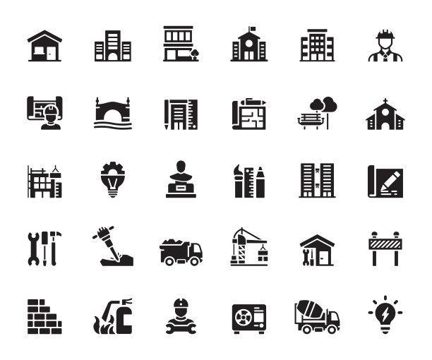 简单的一组建筑相关的矢量图标。符号集合。图片下载