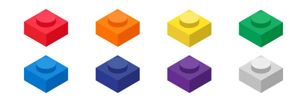 一套彩色儿童砖玩具等距1x1。儿童砖块玩具矢量设计插图孤立的白色背景。塑料积木玩具平面设计。方砖玩具图片下载