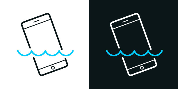 智能手机在水里。黑色或白色背景上的双色线条图标-可编辑笔触图片下载
