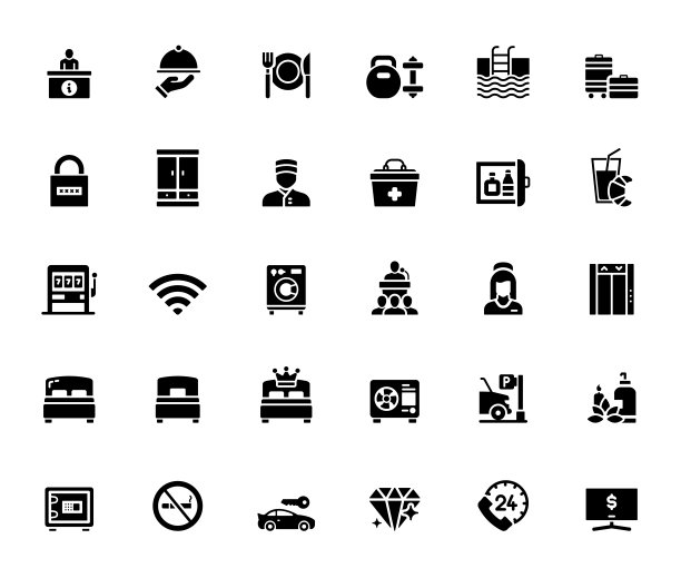 酒店服务和设施相关矢量图标的简单设置。符号集合。图片下载