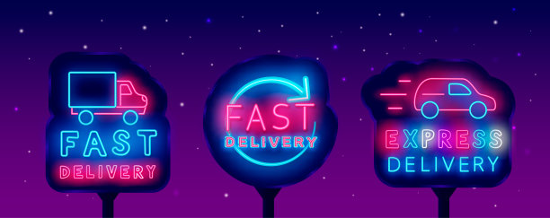 快速交付霓虹灯街道广告牌收集。发光的户外广告。矢量股票插图图片下载