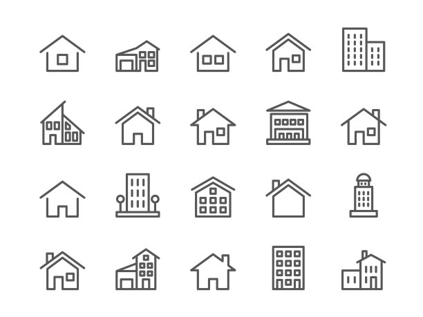 房屋线路标志。Casa贷款简单图标。房地产。小屋的财产。小屋或公寓。屋顶和窗户。住宅建筑。大厦的象征。矢量轮廓象形图集图片下载