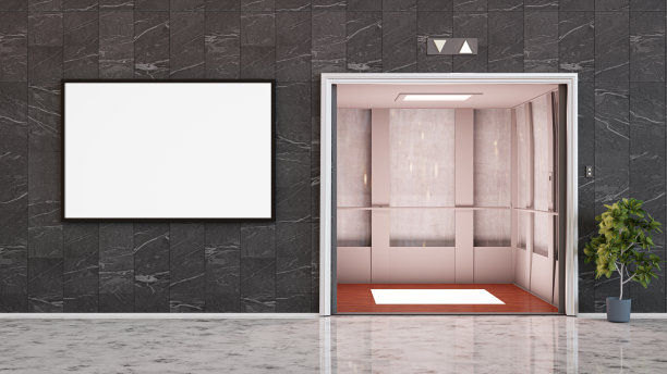 3 d演示。模拟广告牌和两部电梯。对你的广告很有用。全景三维渲染图片下载