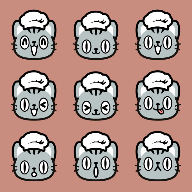 戴着厨师帽的小猫的可爱面部表情图标图片下载