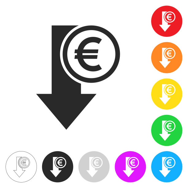 欧元下降。彩色按钮上的图标图片下载