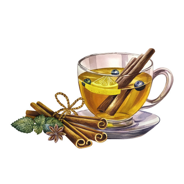 一杯加柠檬和肉桂的茶。玻璃杯里盛满了茶。水彩手绘插图。隔离在白色背景上。用于请柬、包装和菜单。用于传单、标签和印刷品。图片下载