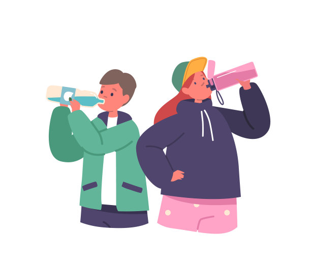 小女孩和男孩的角色喝干净的水，或果汁。孩子们享受夏日的茶点图片下载