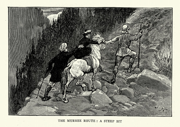 英国探险家和他的妻子和向导在Murree路线上，在克什米尔测量，历史，1880年代，19世纪图片下载