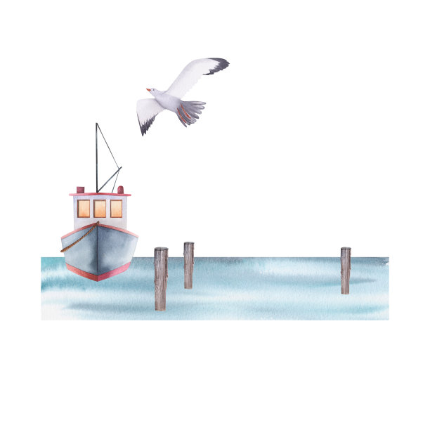 船在海上和海鸥水彩插图。手绘卡与挪威的房子孤立在白色背景。图片下载