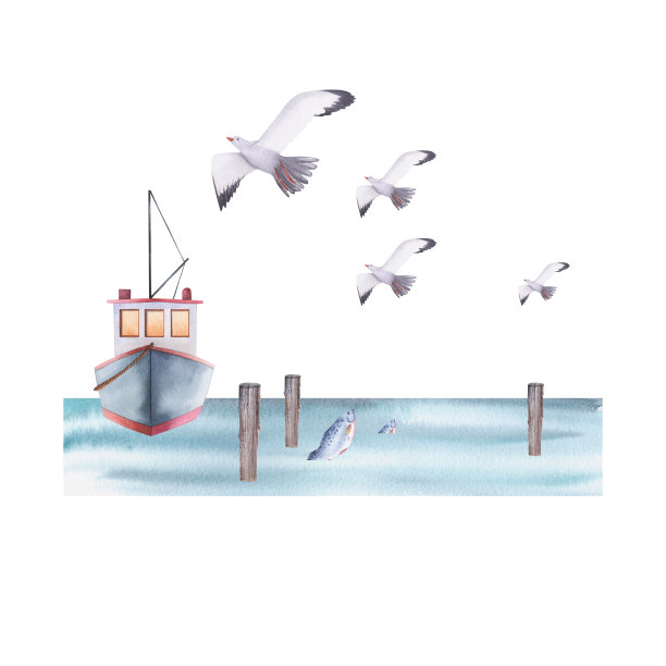 船在海上和海鸥水彩画插图。手绘卡与挪威的房子孤立在白色背景。图片下载