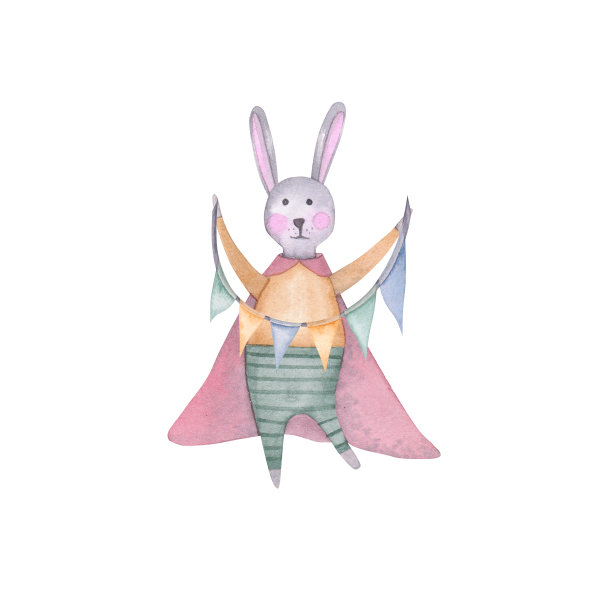 马戏团兔子与花环水彩插图。手绘孤立的白色背景。图片下载