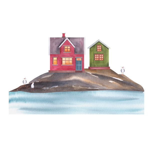 挪威沿海的岩石上的房子与海鸥水彩画插图。手绘卡与挪威的房子孤立在白色背景。图片下载