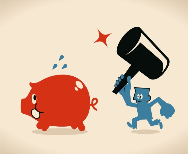 商人拿着一个大锤子，打破了大储蓄罐图片下载