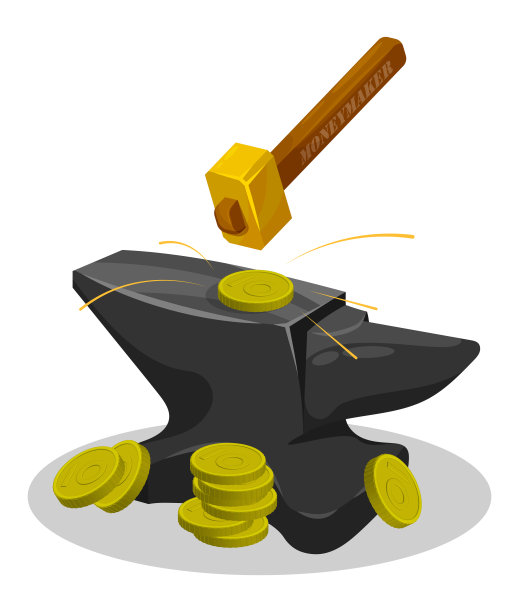 赚钱的神奇工具。铸造古代金属硬币的过程铁锤和铁砧。卡通矢量孤立在白色背景图片下载