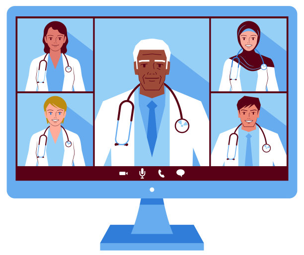 五位医生参加视频会议或资深临床医生教导医学生图片下载