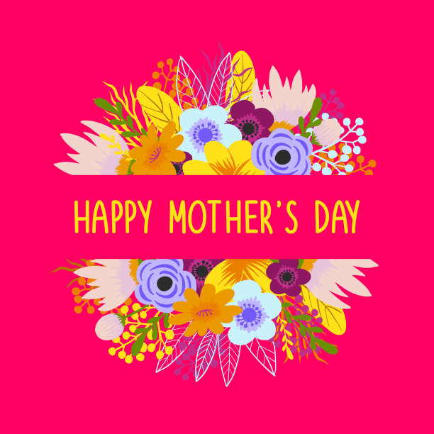 母亲节快乐，多色鲜花设计的贺卡，广告，横幅，传单和传单。花的框架。精美的花束与橙色，粉红色，蓝色的花排列成一个愉快的框架为贺卡和设计。图片下载