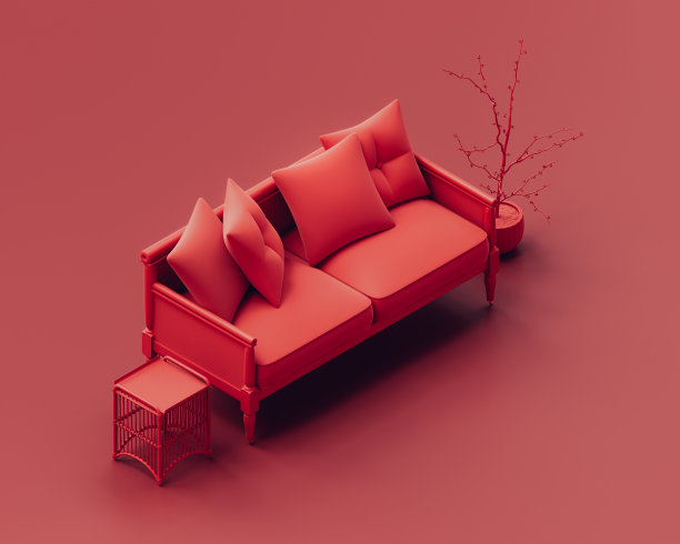 等距单色单红色室内客厅，沙发和边桌，红色房间，三维渲染图片下载