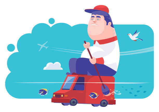 快递员划船运送迷你货车图片下载