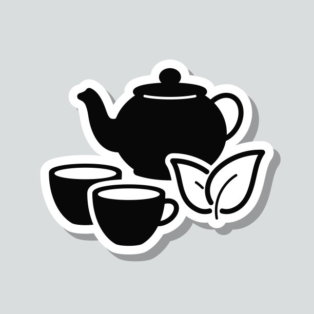 茶壶和杯子。灰色背景上的图标贴纸图片下载