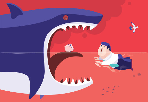 商人带着存钱罐和大鲨鱼游泳图片下载