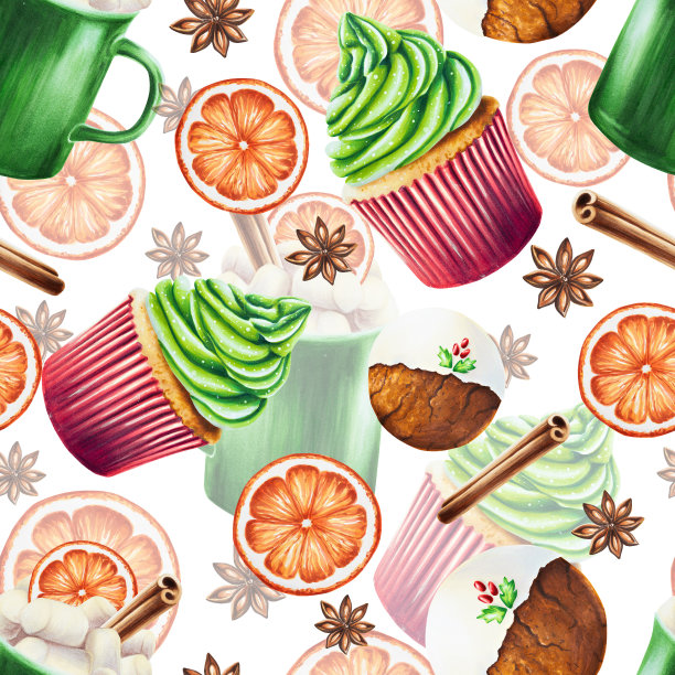 水彩圣诞无缝图案与一杯热饮，姜饼饼干，肉桂，八角和甜松饼与奶油。新年手绘绿色马克杯孤立在白色的背景上。用于设计师，食品装饰，菜单，商店，用于明信片，包装图片下载