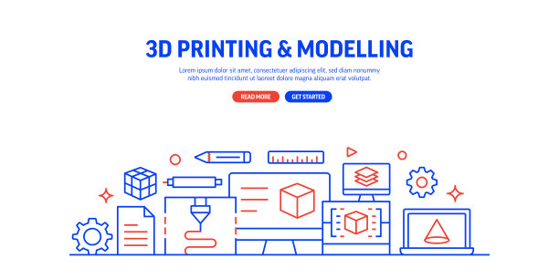 3D打印技术相关流程信息图表设计，线性风格矢量插图图片下载