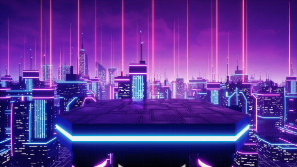 霓虹灯城市的屋顶视图，3d渲染图片下载