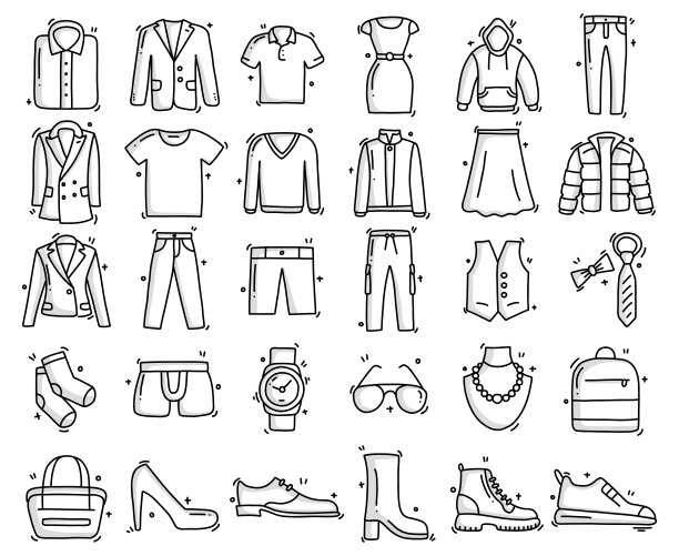 服装和配件相关的对象和元素。手绘矢量涂鸦插图集合。手绘图标设置。图片下载