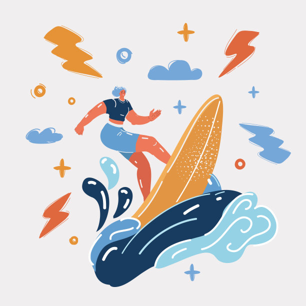 海浪中的冲浪女子矢量插图。图片下载