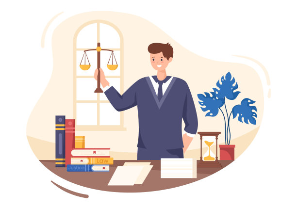 律师，律师和正义与法律，规模，建筑，书或木制法官锤顾问在平面卡通插图图片下载