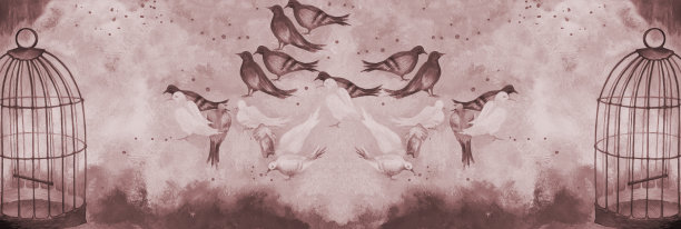 时尚的插图，现代艺术作品油画，帆布，灰褐色，自由的寓言，水平的象征画，鸟，鸽子，在草地上啄食金色的颗粒，和一个开放的鸟笼，在天空的棕色调图片下载