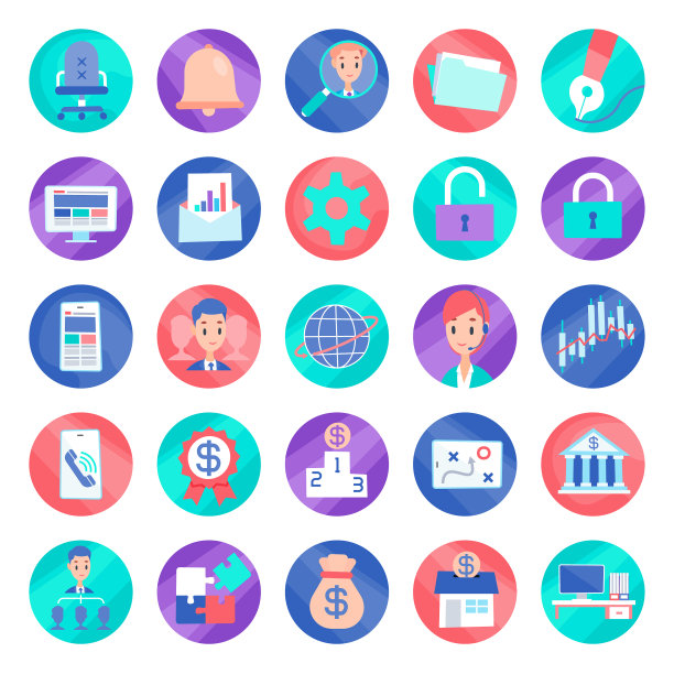 丰富多彩的商业和金融图标在圆形背景图片下载