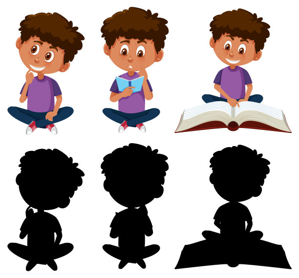 一组男孩卡通人物在不同的位置与其剪影图片下载