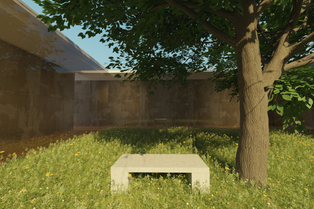 混凝土走廊和玻璃墙前盛开的庭院的3d渲染图片下载