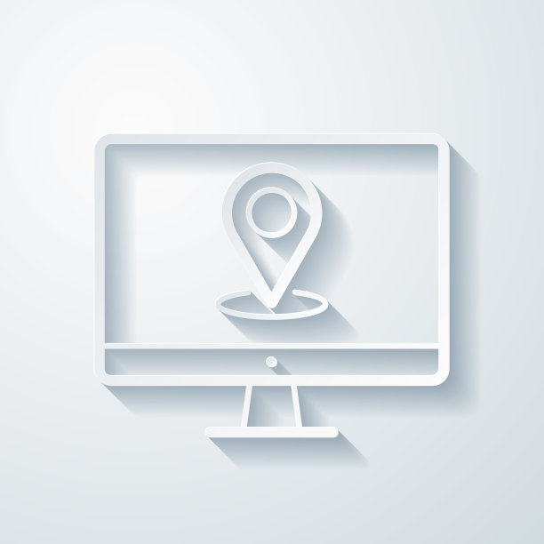 带有定位针的台式计算机。空白背景上剪纸效果的图标图片下载