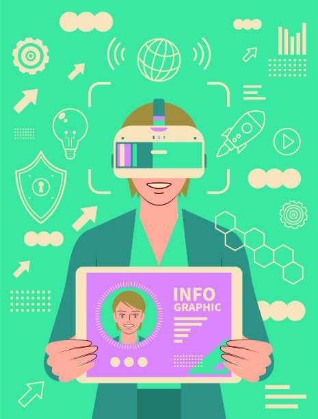 女商人佩戴VR头显展示平板电脑屏幕图片下载