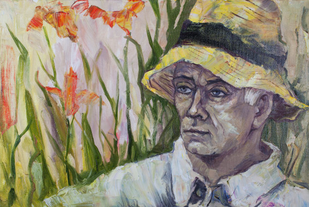 一幅时髦的油画肖像，一个戴着帽子的男人，背景是盛开的橙色百合花图片下载