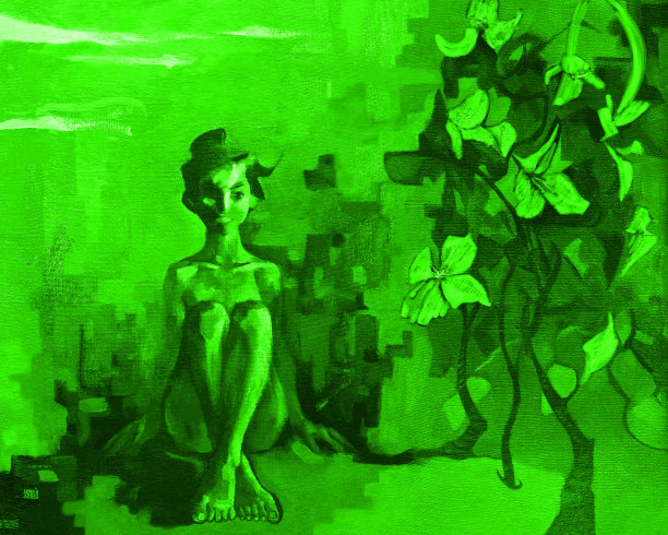 插图油画绿色肖像人物一个坐着的女孩长发对着花草树木图片下载