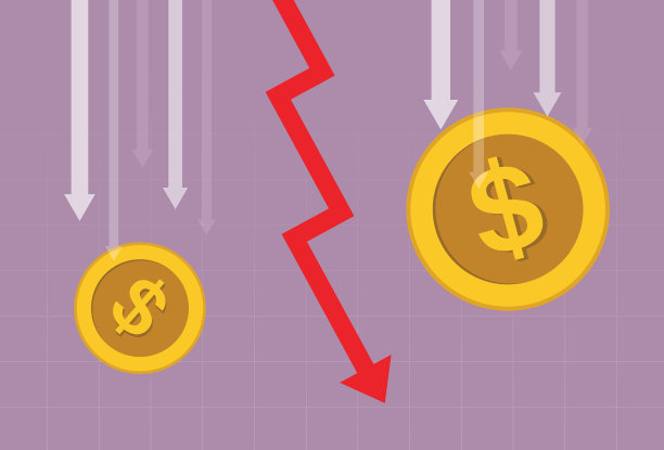 美元硬币和红色箭头向下图片下载