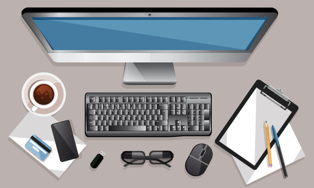 办公理念，数据传输以扁平化风格呈现。移动设备和办公用品的彩色背景。为web应用程序，演示文稿，打印的创意插图。图片下载