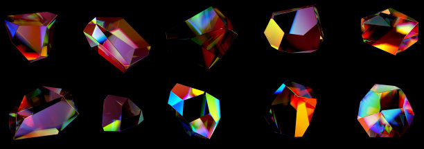 3d抽象彩色宝石孤立在黑色，未来主义晶体集，3d渲染图片下载