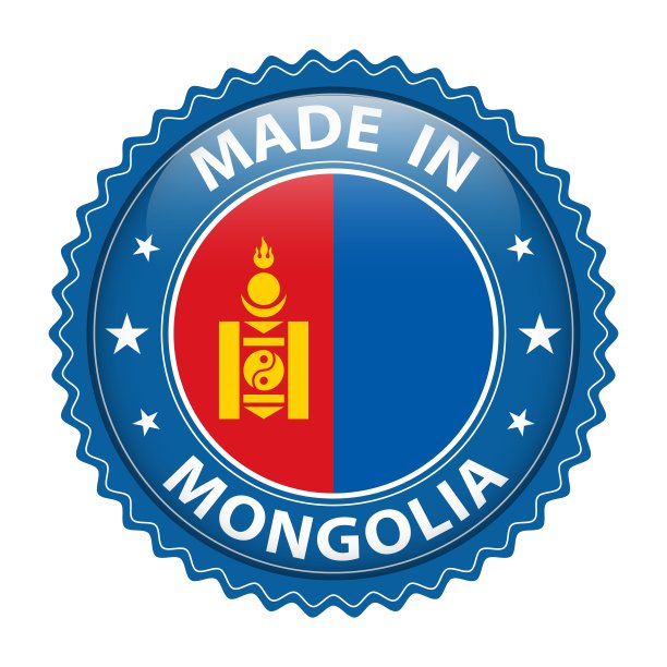 蒙古制造的徽章矢量。有星星和国旗的贴纸。标志孤立在白色背景。图片下载