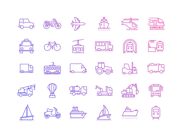 车辆和运输相关的矢量线图标的简单集合。大纲符号集合图片下载