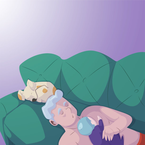 爷爷和孙子躺在家里的沙发上，两人都在宠物的陪伴下睡着了图片下载