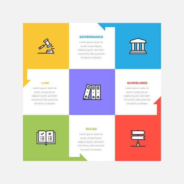 信息图表设计模板。治理，指导方针，规则，法律图标与5个选项或步骤。图片下载