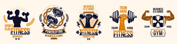 健身房健身运动标志和标志矢量集孤立的杠铃哑铃壶铃和肌肉身体男子剪影和手，体育锻炼运动俱乐部，积极的生活方式。图片下载